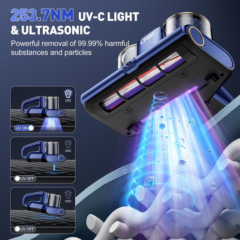 CFBF مكنسة فرشات كهربائية، مكنسة سرير كهربائية بسحب 16Kpa ضوء UV-C، بالموجات فوق الصوتية وحرارة عالية، 500 واط مكنسات يدوية قوية مزدوجة الكوب للسرير، الأريكة، الكنب، سرير الأطفال، سلك بطول 16.4 قدم - Image 3